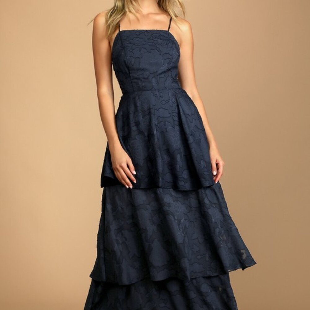Lulus Loving Celebration Navy Blue Lace-up Tiered Maxi Dress - Size L